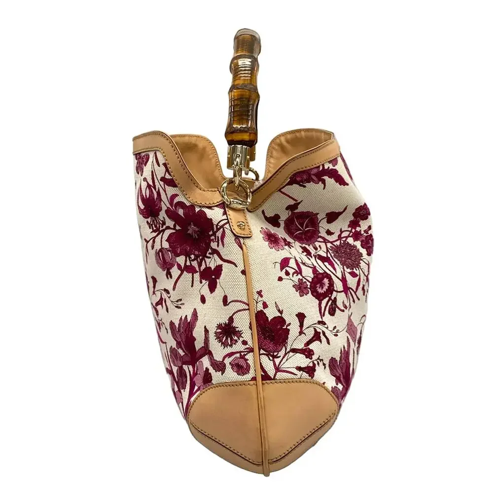 Gucci Flora/Bamboo Handbag 169961 Bordeaux Cream Beige Canvas Leather